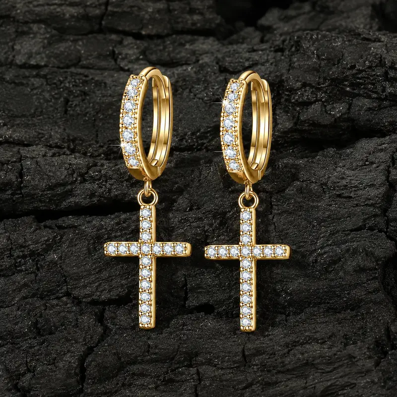 14K Gold Plated Cubic Zirconia Ear Hoops - Unisex Lightweight Unique Design Earring Stacks Gold Set with Hanging Dangle Cross, High-Shine Camera-Ready Costume Jewelry for Bridesmaids, Birthday, Casual, Christmas