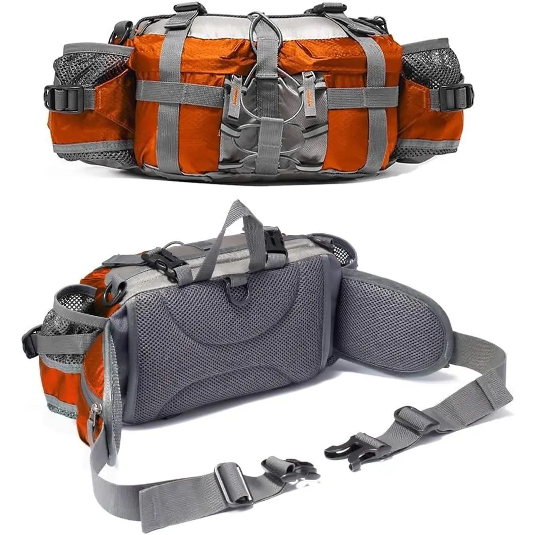 Unisex Outdoor Wear-Resistant Nylon Waist Pack, Breathable Nylon Mesh Fanny Pack with 2 Water Bottle Holders & 3 Exterior Front Zipper Pockets, Lightweight Waterproof Adjustable Strap for Hiking, Camping, Three Exterior Front Zipper Pockets