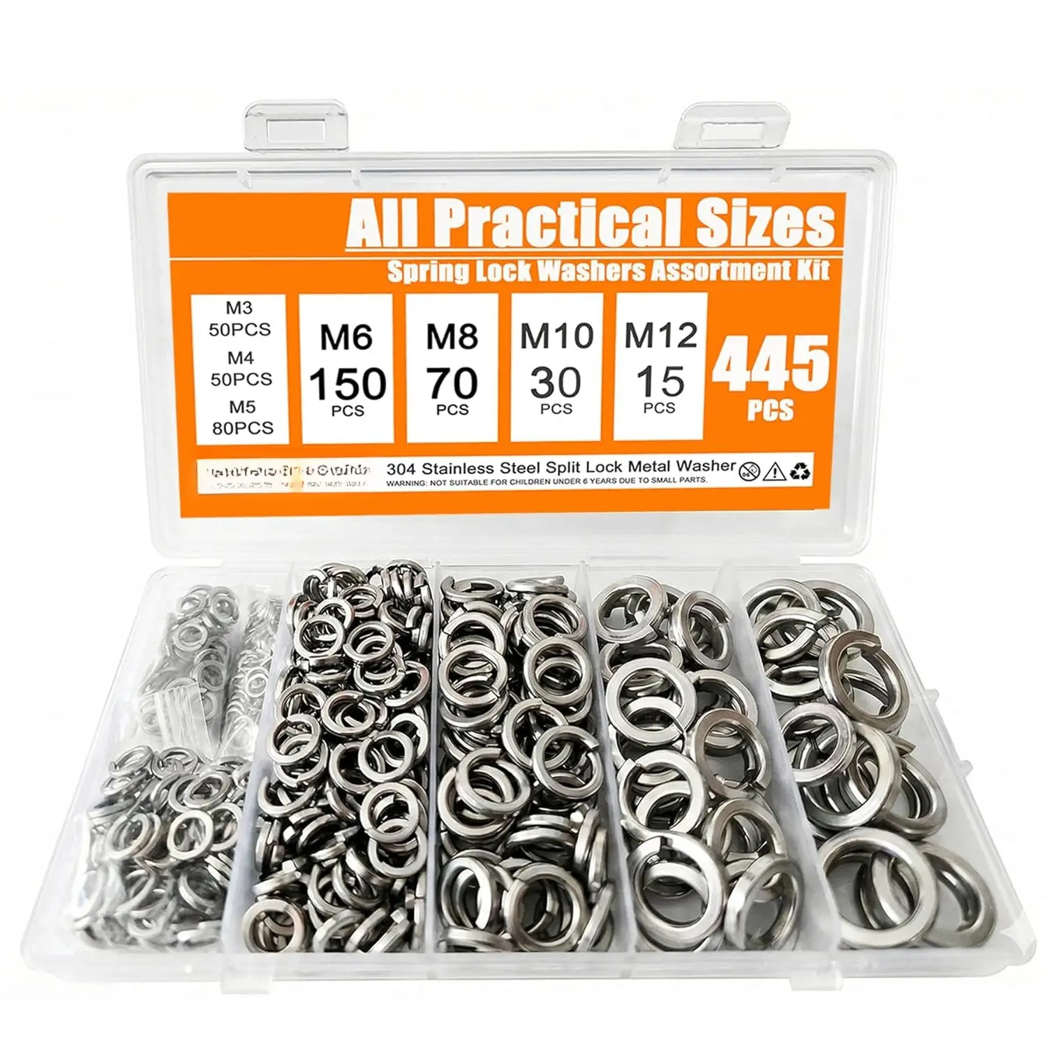 445 count Lock Washers Assortment Kit, Metric 304 Stainless Steel Spring Washer Set (M3-M12) - Split Locking Washers with  Practical M6 & M8 Sizes, Durable Metal Washers for Screws &