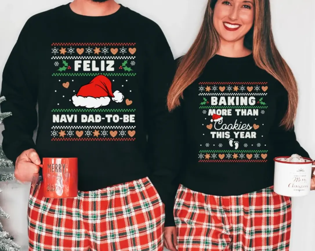 Custom Christmas Pregnancy Announcement Shirts Feliz Navidad Shirt Christmas Baby Reveal Ideas Matching Couples Sweatshirts Ugly Christmas Sweaters