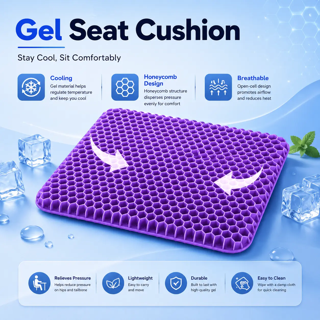Honeycomb Hexagonal Grid Gel Seat Cushion - Breathable, Non-Slip Cover, Ergonomic, Durable, Tailbone Pain Relief, Cooling, Machine Washable, Indoor Honeycomb Chair Pad for Office Chair, Car Driving, Cooling Relief, Wheelchair, Ergonomic Office Chair