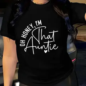 Women's Funny "Oh Dear I'm That Auntie" Slogan T-Shirt - Bright Pink Casual Crew Neck Top with White Lettering & Heart Design, Machine Washable Humorous Gift for Aunties, Spring Summer Fall Casual Attire