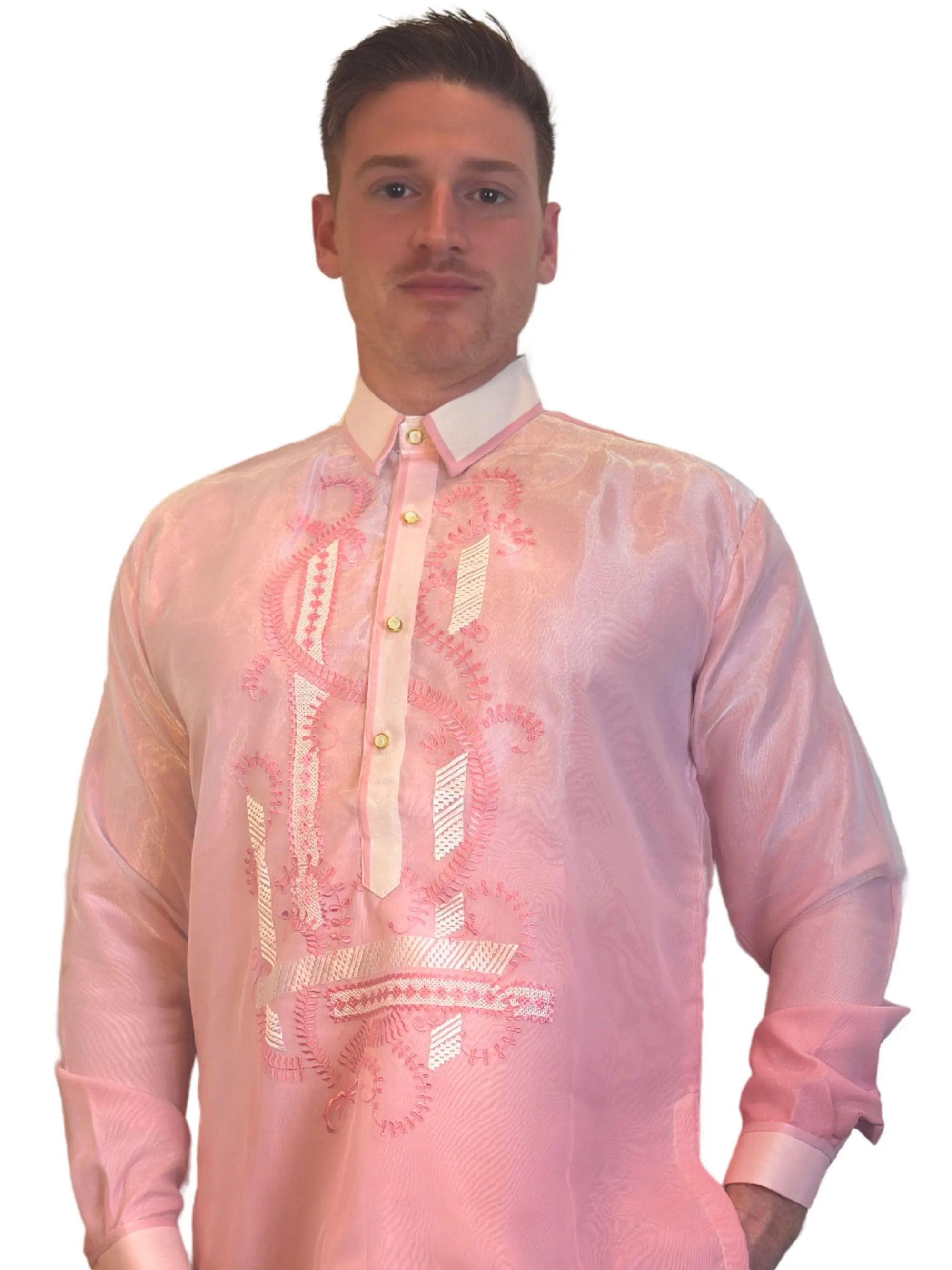 Handmade Kapamilya Barong Tagalog for Men - Long Sleeve Traditional Filipino Shirt - Pink Organza - US Size