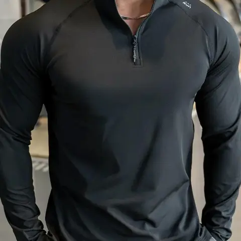Men's Letter Print Half Zip Up Long Sleeve Tee, Regular Fit Casual Comfy Breathable Quick Drying T-shirt, Athletic Apparel, Gym Athletic Clothes for Gym Workout Hiking Fishing Camping, Men's Top for All Seasons, Sports Tops, Athletic Wear