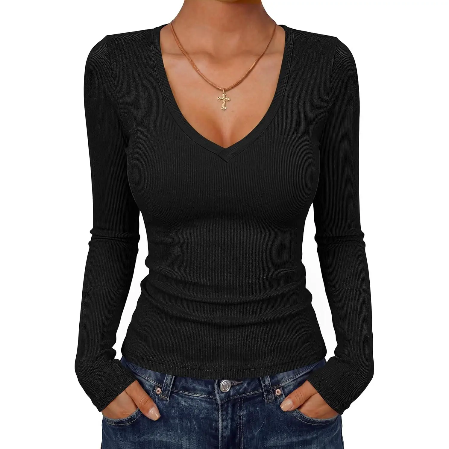 ANRABESS Women's Long Sleeve Deep V Neck Tops | Basic Rib Knit Tee Shirt, Slim Fit, Soft Flexible Fabric, Everyday Casual Work Wear, Fall Winter Clothing