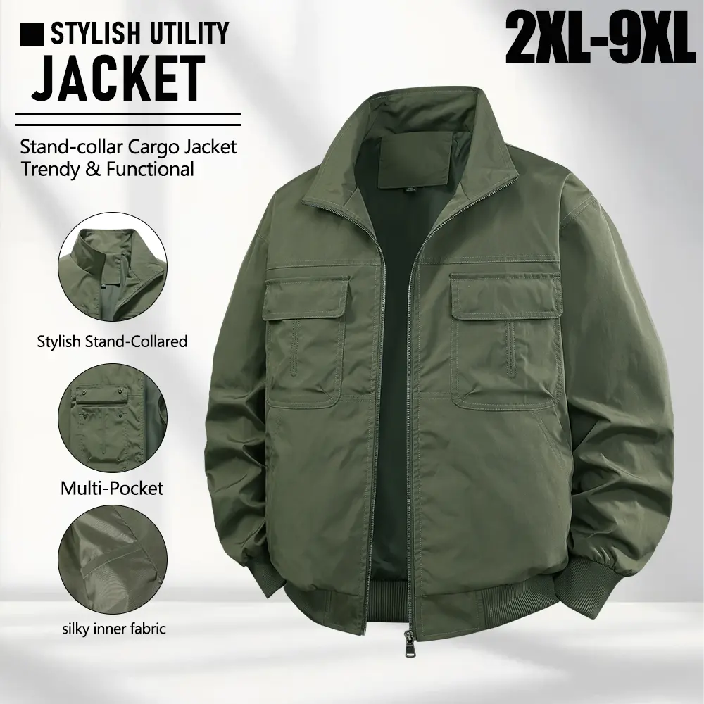 【2XL 9XL】Super Plus Size Men’s Stand Collar Workwear Jacket, Loose Casual Multi Pocket Functional Jacket, Smooth Lining Long Sleeve Zip Up Loose Fit Jacket, Suitable for Daily Outings in Spring and Autumn, Urban Commuting, and Outdoor Hiking