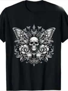 Men’s 100% Cotton Graphic Tee Gothic Butterfly Skull Floral Print Shirt Dark Art Design Casual Streetwear Soft Breathable Short Sleeve Crewneck Loose Fit Everyday Wear Edgy Halloween Aesthetic Fashion Top
