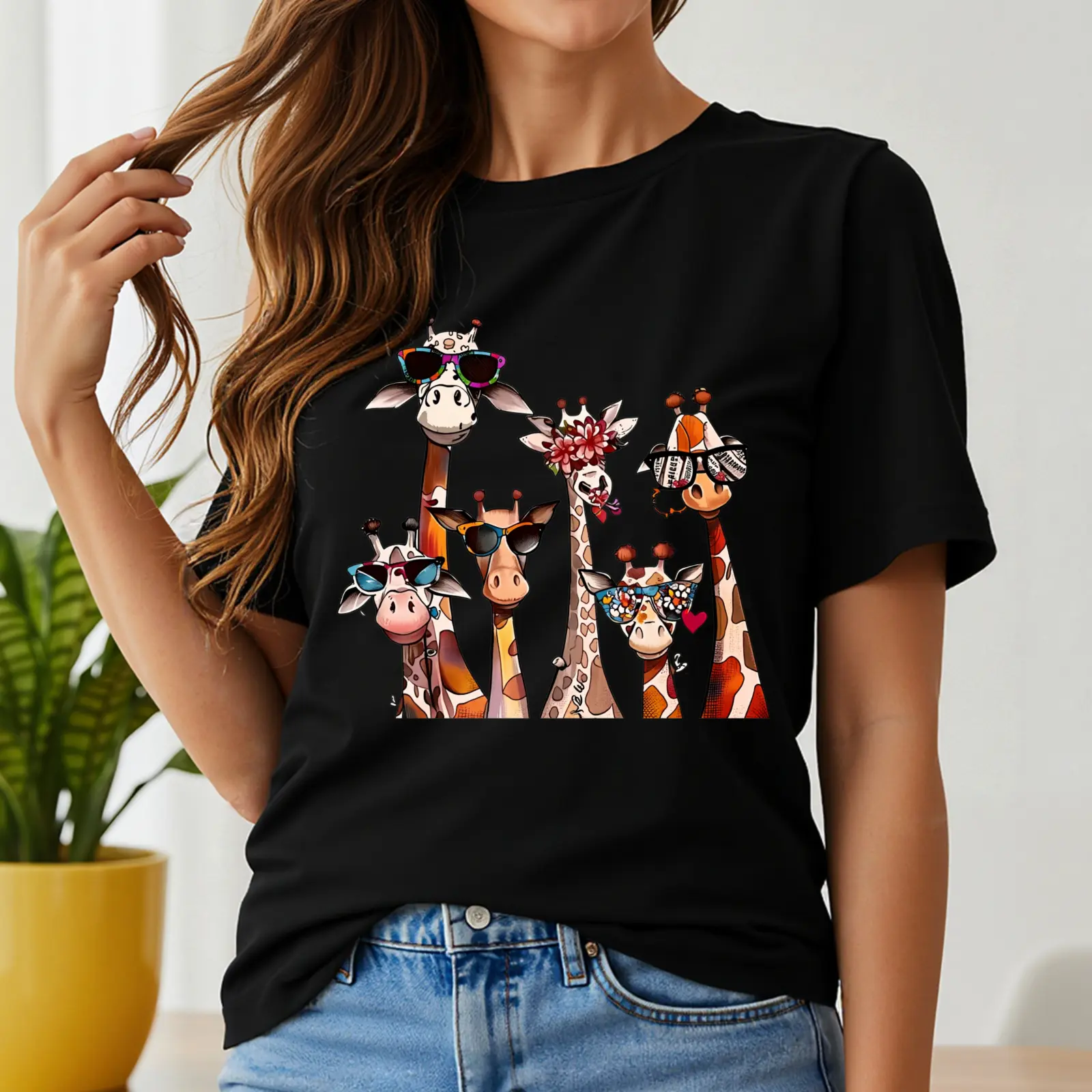 Women's T-Shirt Giraffe Family With Sunglasses And Hats Short Sleeve Crew Neck Casua Suitable for Spring And Summer