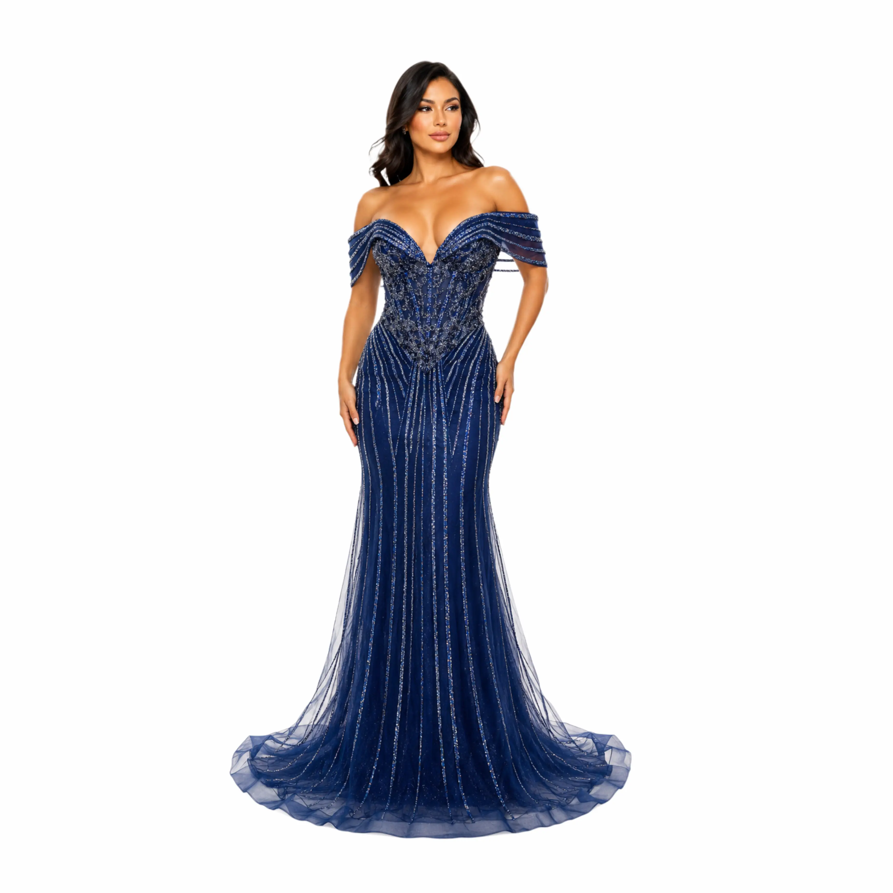 Elegant Off-Shoulder Mermaid Evening Gown with Luxury Crystal Beading, Corset Bodice, Sweetheart Neckline, Glitter Tulle, Floor-Length Formal Prom Wedding Guest Gala Party Dress for Women