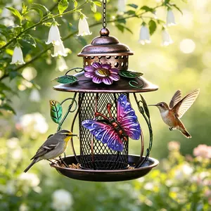 Outdoor Hanging Vintage Metal Bird Feeder, Colorful Butterfly and Flower Decor, Garden Art, Suitable for Cardinals, Goldfinches, Hummingbirds, Gift