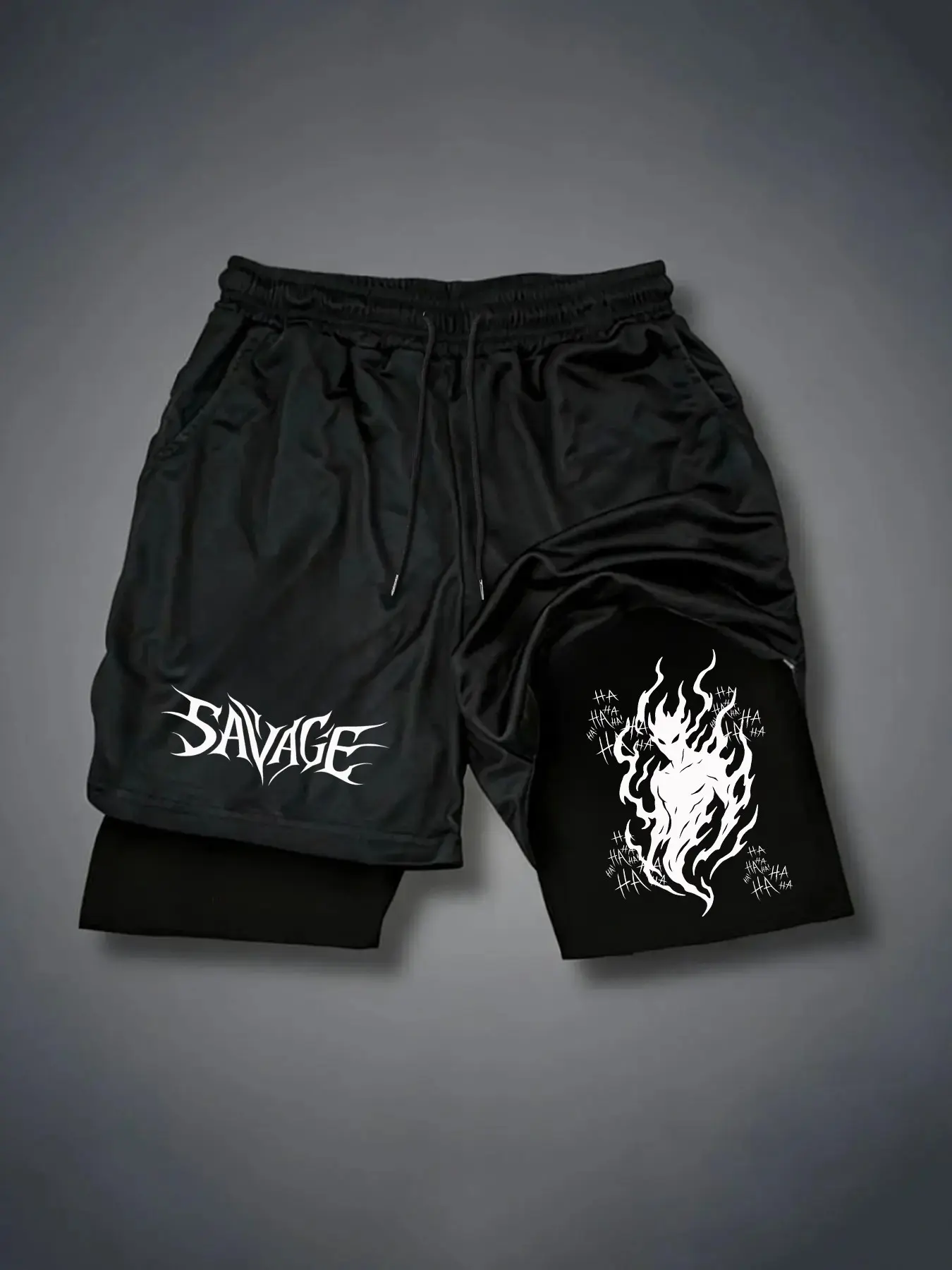 Gothic Style Savage Font Flame Devil Graffiti Print Shorts, Elastic Drawstring Waist, Fitness, Basketball, Streetwear, Daily Wear