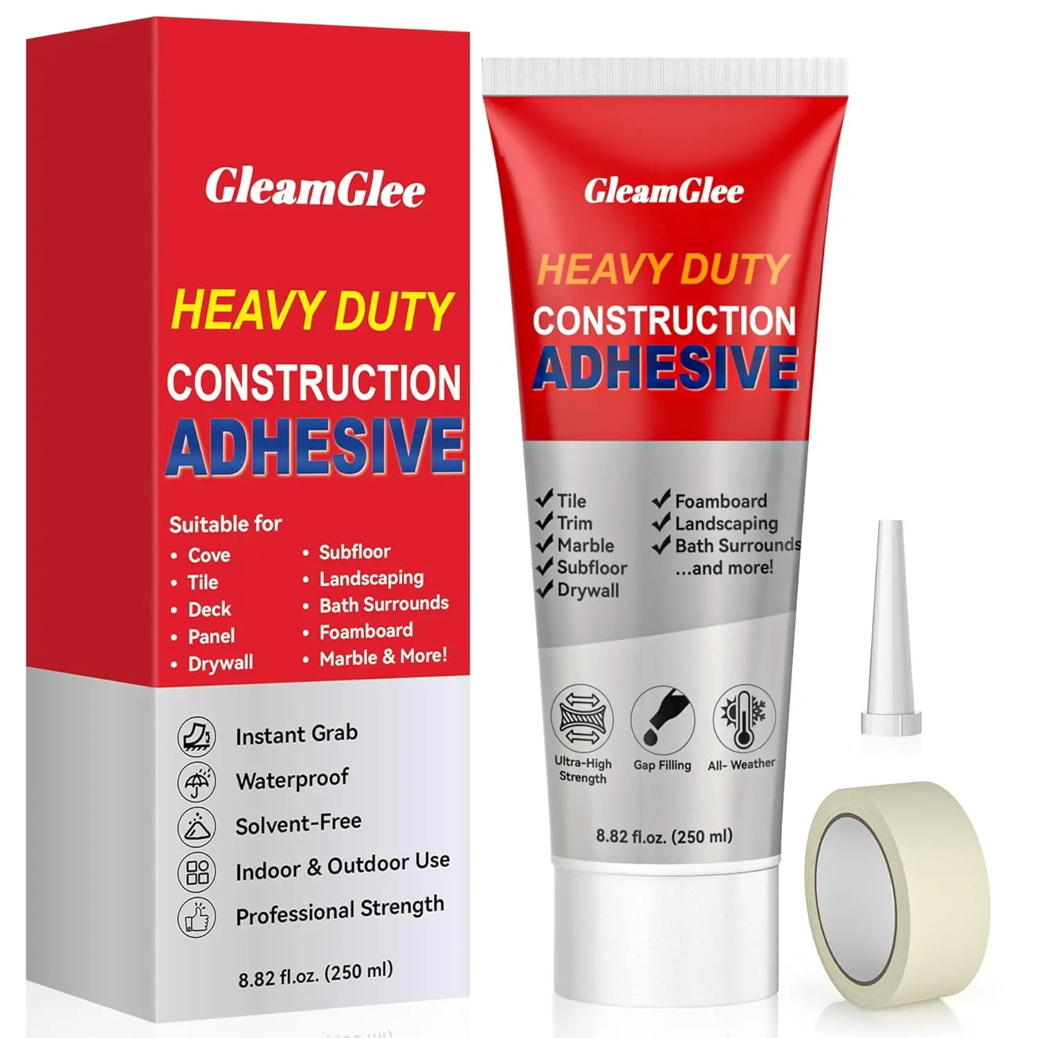 Heavy Duty Construction Adhesive, 8.8 fl oz Waterproof Cement Glue for Concrete, Tile, Stone, Wood, Brick & Drywall, Strong Indoor Outdoor Glue for Walls, Floors & Home Repair