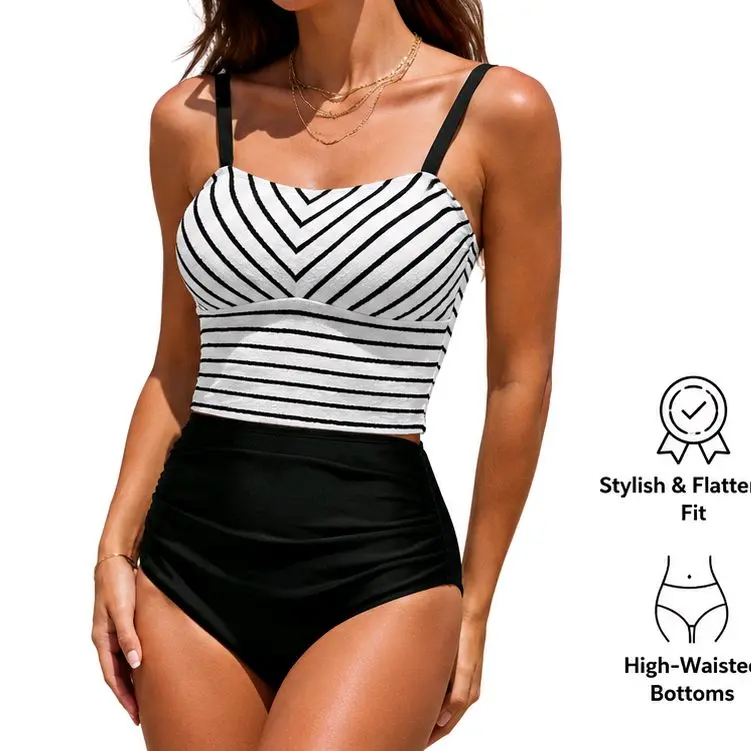 Cupshe Women's High Waisted Black & White Striped Bikini Set - Size L, Women's Swimwear for Beach, Pool Parties, with Flatter, Stylish Fit, Flatter Fit, Bikini Sets, Over-The-Shoulder, Sporty Chic, Beach Wear Outfits