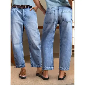 Women's 7/8 Length Basic Cotton Fabric Jeans - Distressed Denim Bottoms, Button Closure, Fit for Casual & Date Wear, Spring-Summer