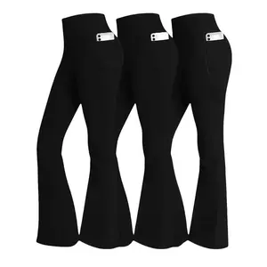 3-Pack Solid High Waist Wide Leg Pants Wide Leg Pants,Women Yoga Legging Flare Leg,With Phone Pockets,Loose Casual Pants,High Stretchy Pant ForWorkout Athletic Running Cycling Yoga Exercize Casual