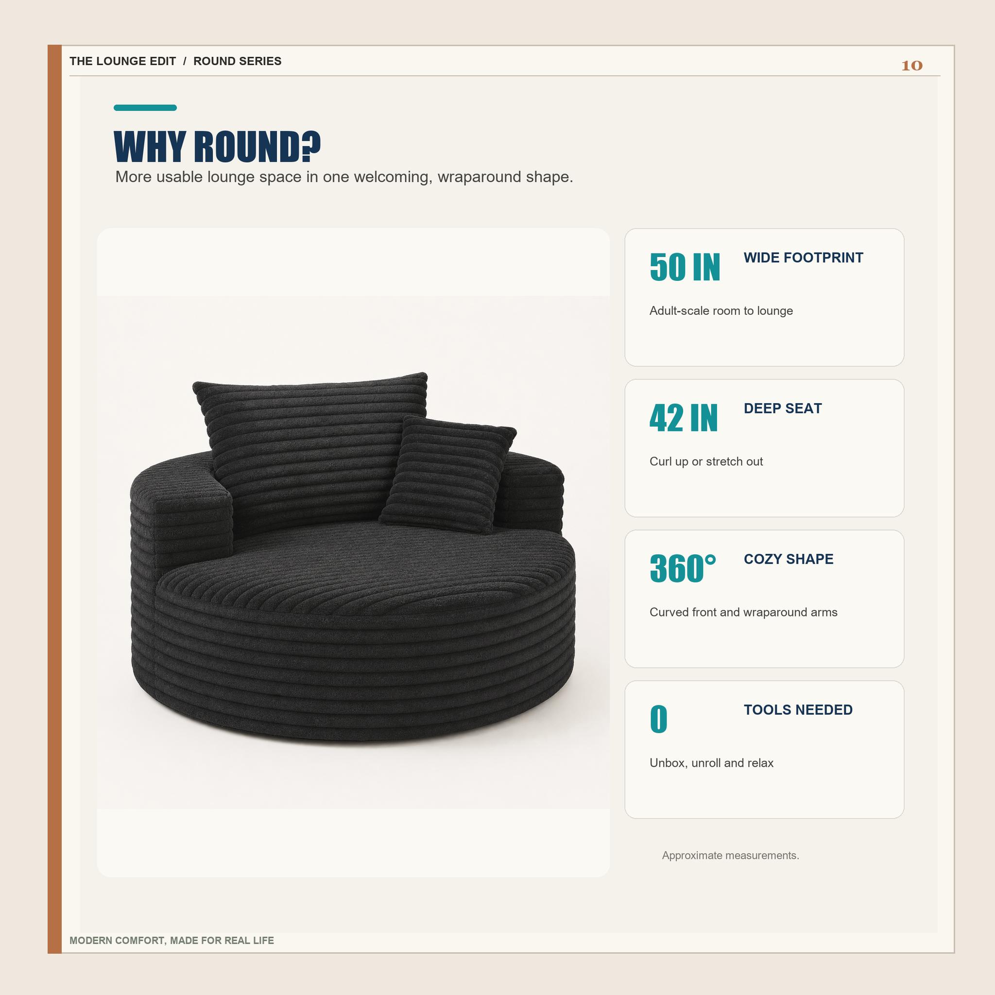 50in Round Lounge Chair Sofa, No-Assembly Compressed Cloud Floor Couch with Deep Seat, Soft corduroy, Backrest & Throw Pillows for Adults, Bedroom and Apartment