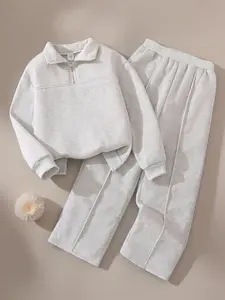 Girls' 2-Piece Fleece-Lined Casual Outfit Set, Zipper Design Long Sleeve Sweatshirt & Elastic Waist Pants, Warm Comfortable Fall Winter
