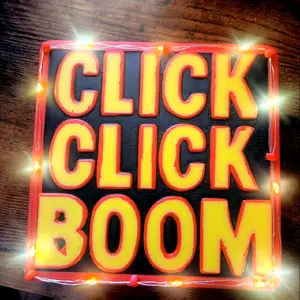Click Click Boom 3D Printed LED Sign Bold Desktop Decor Gamer Room Sign Nerdy Gift Idea Battery Operated 6x6 Light-Up Art Yellow Red PLA Plastic Handmade Unique Shelf Sign