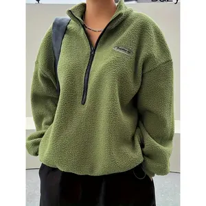 Women's Letter Patched Half Zip Fuzzy Sweatshirt, Casual Long Sleeve Drop Shoulder Pullover for Fall & Winter, Women's Clothes for Daily Wear