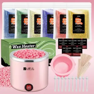 pink waxing hair removal set 200cc, includes wax warm heater, 6 packs of hair removal wax beans, 20 waxing sticks, 5 packs of hair removal wipes, 10 nasal wax sticks, suitable for women at home to wax and remove hair, create smooth skin.  European plug
