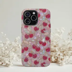 Cherry Faux Stained Glass Phone Case, Coquette Cherry Blossom  , Romantic Cottagecore iPhone Case Suitable for IPhone17 11 12 13 14 15 16 Pro Max Air Plus