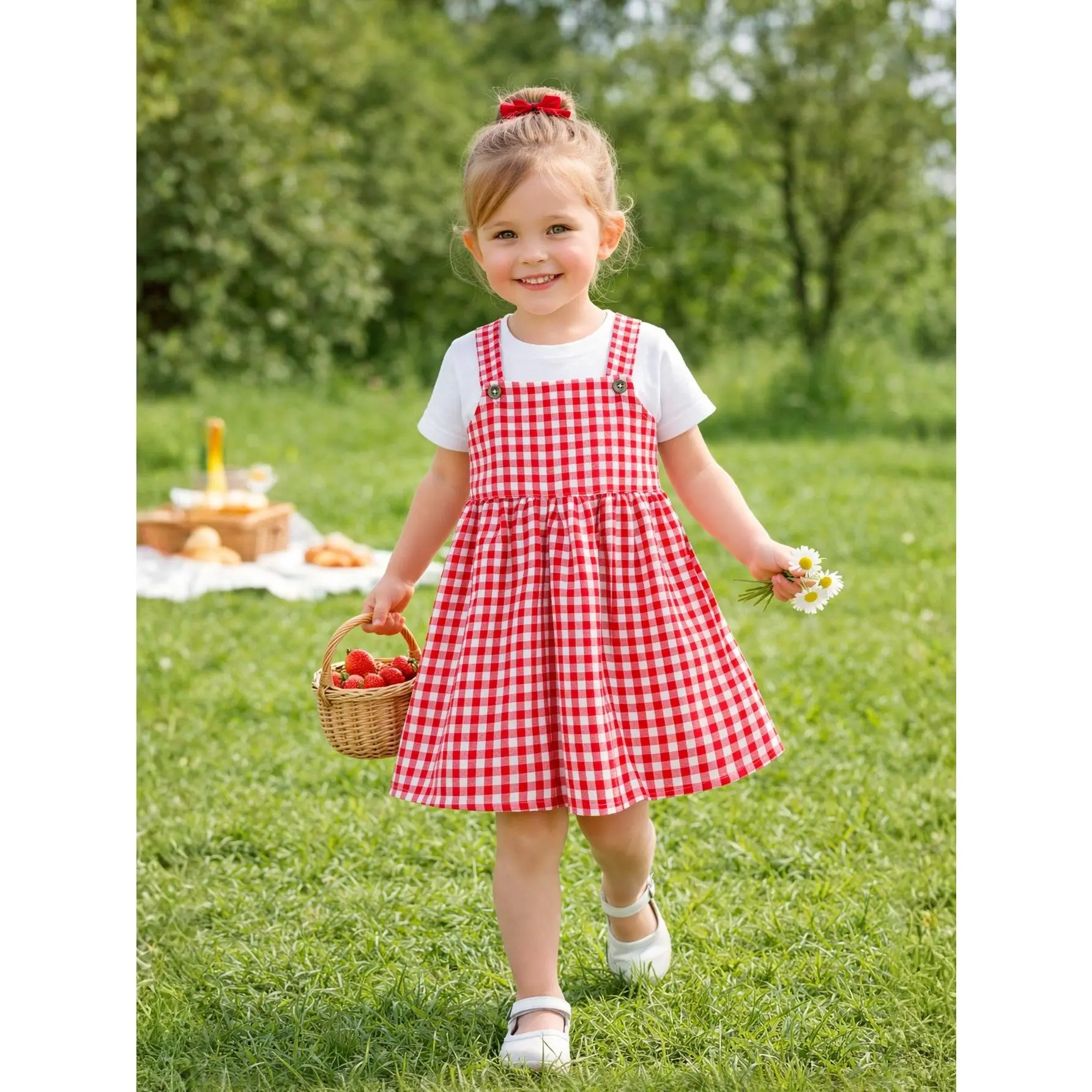 Toddler Girls Gingham Dress Set 2 Piece Outfit, Cotton Short Sleeve Tee & Adjustable Strap Pinafore Dress, Soft Summer Clothes for Girls 2-7Y Toddler Summer Dresses