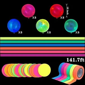 44 Pcs Glow Neon Party Supplies, Party Hanging Decorations for Birthday Includes Let's Glow Banner Star Hanging Swirl Fluorescent Balloons UV Blacklight Reactive Tape Neon Dots Stars Paper Garlands