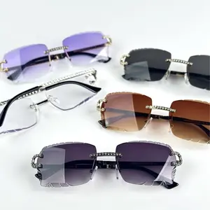 Rimless Square Gradient Sunglasses Vintage Diamond Cut Lens UV400 Protection Metal Frame for Men Women Fashion Trendy Eyewear