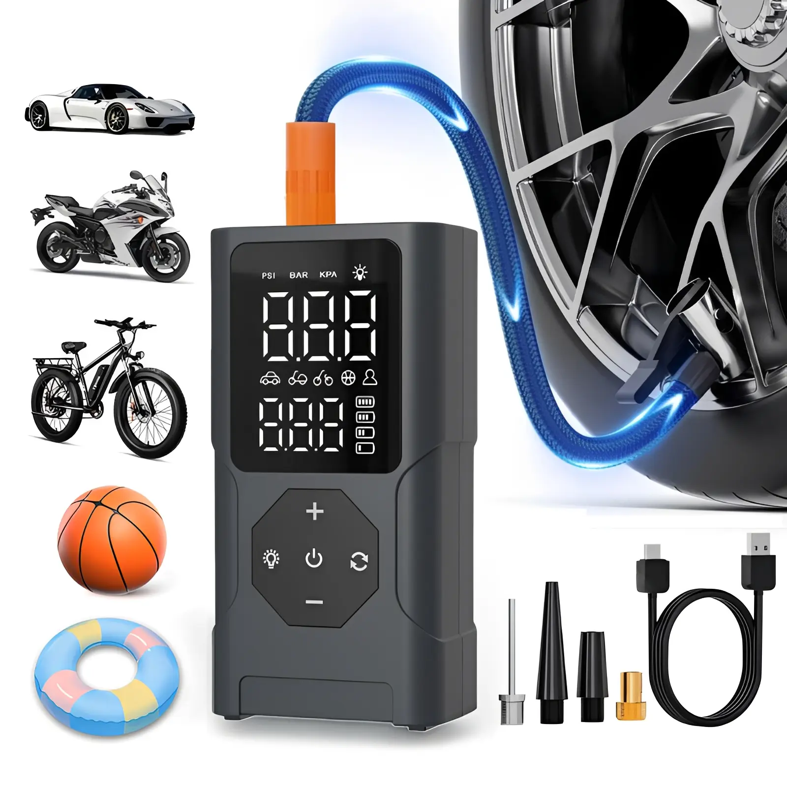 Portable Tire Inflator & 150PSI Cordless Air Compressor, 2000mAh Power Bank, Digital Pressure Gauge, Emergency LED Light, USB-C Rechargeable Air Pump for Car Tires, Motorcycles, Bikes, Balls, Compact Road Trip Essentials