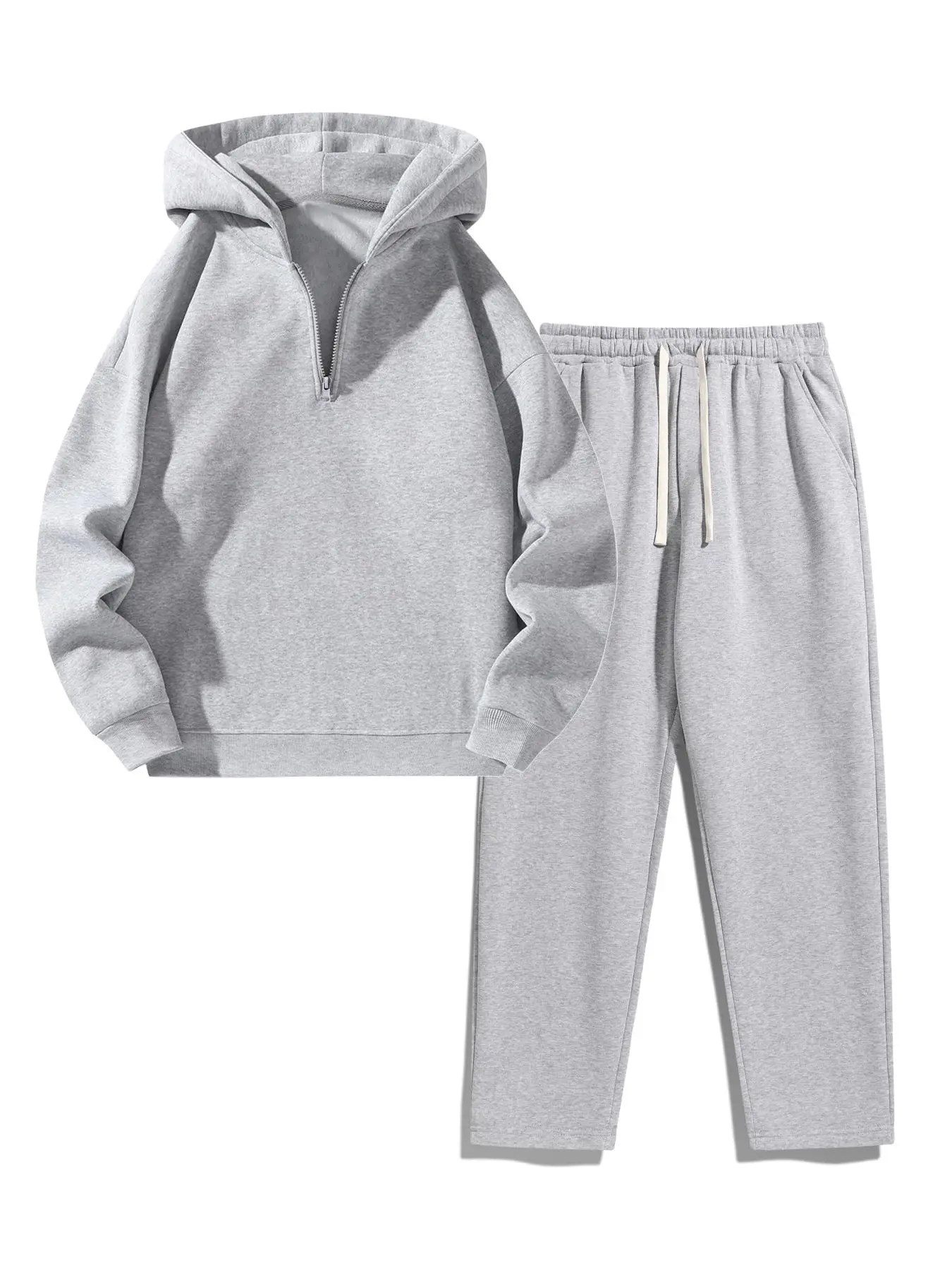 Two-Piece Set Men's Solid Zip Up Hoodie & Drawstring Waist Sweatpants Two-piece Set, Casual Regular Fit Long Sleeve Hooded Sweatshirt & Elastic Waist