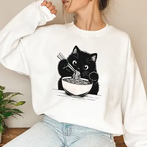 Women's Noodle Cat Sweatshirt - Cute Black Cat & Ramen Print Kawaii Foodie Top, Ideal Gift for Enthusiasts