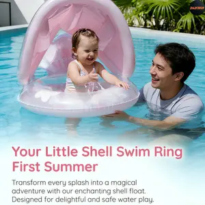 Jiajchuf Toddler Inflatable Swim Float with Sun Canopy, Cute Shell Glitter Baby Pool Ring, Kids Swimming Seat with Handle, Summer Beach Pool Toy