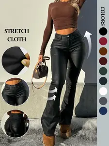 NVFelix Women's High-Waisted Faux Leather Flare Pants with Button Pockets, Stretchy Fit PU Bell Bottoms for Night Out