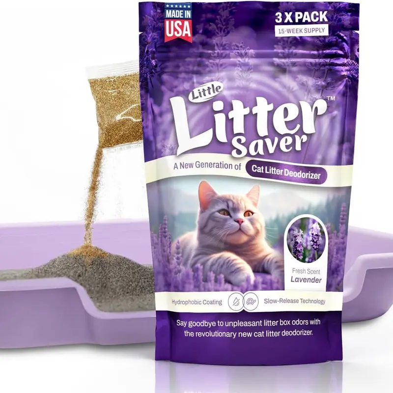 Little Litter Saver - 3 Pack 15-Week Supply Lavender Scented Cat Litter Deodorizer with Slow Release Technology & Hydrophobic Coating