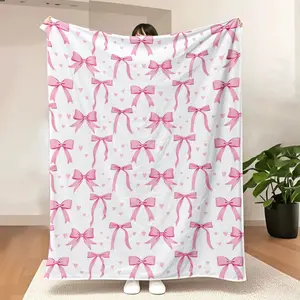 Pink Bow Fleece Blanket Soft Lightweight Cozy Warm Throws for Bed Sofa, Coquette Preppy Bow Decor, Perfect Christmas Birthday Valentine's Day Gifts Ideal Gift