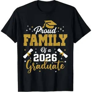 Proud Family Of A 2026 Graduate Gold Glitter Cap Diploma Graphic T-Shirt, Class Of 2026 Family Matching Graduation Tee No box included