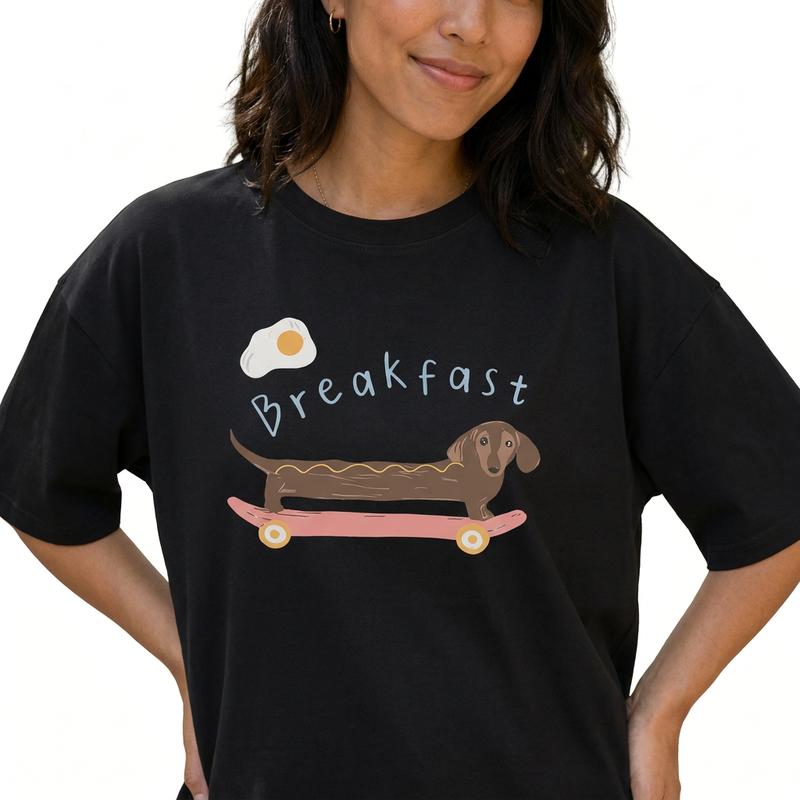 Cute Dachshund Breakfast Graphic Tee Women's 100% Cotton Skateboard Dog Mom Plus Size Top