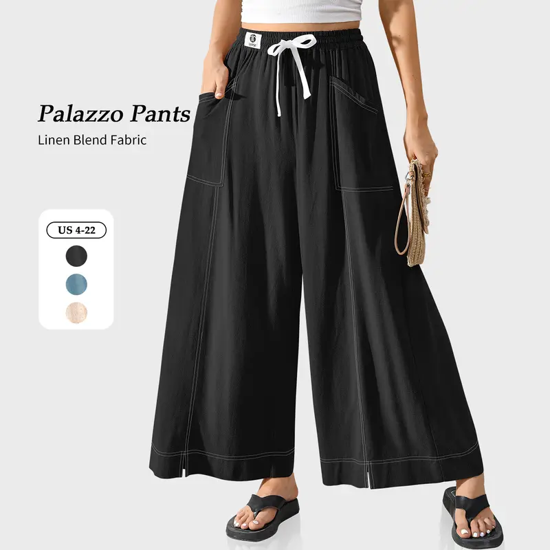 【SS26 Collection】TARSE Womens Linen Baggy Wide Leg Pants Casual Loose Palazzo Drawstring Vacation Beach Travel Contrast stitching Lounge Pants with Pockets