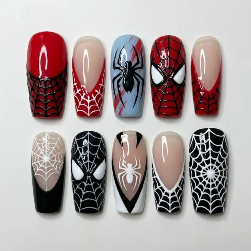 Handmade Superhero Inspired Press On Nails  Luxury Spider Web Graphic Design  Red Black Coffin Custom Nails Set