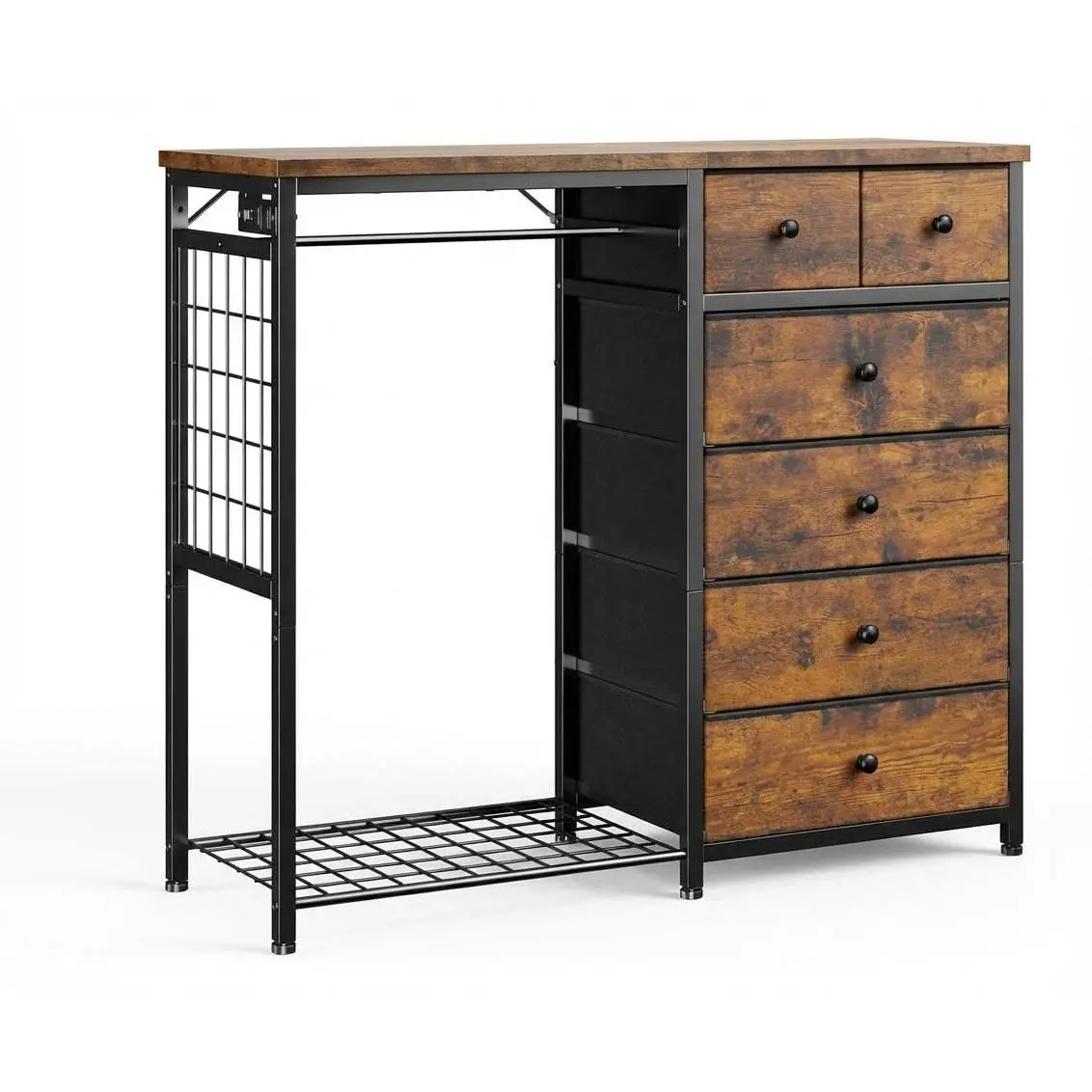 Garvee Rustic Brown Dresser with Hanging Rack, 6 Drawers, Charging Station, Wooden Top Organizer Unit with LED Lights, Fabric Chest of Drawers, Clothes Rack & Open Shelves for Living Room Storage