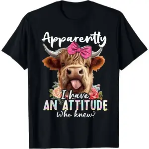 Playful Highland Cow Attitude Top - Rainbow ‘ATTITUDE’ Typography with Floral Accents on Black,Sports T-shirt - Suitable for both men and women. Lightweight and breathable. Ideal for daily outings and gatherings.
