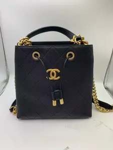 Pre-owned CHANEL Black Caviar Calfskin “Greek Series” Bucket Bag, Gold Hardware,27 series(2018 2019), Dimensions: 20 × 19 cm