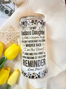 [BACK TO SCHOOL] Special Gift for Daughter – “You Are the Storm” Cup from Mom, Glass Cup with Lid, Glass Tumbler for Daughter, Motivational Gift from Mom to Daughter, Beautiful Gift for Daughter