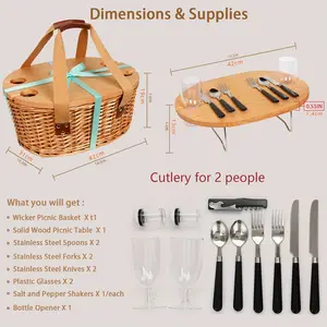 [100% Hand Woven] Wicker Picnic Basket 2 Person Suit with Mini Folding Wine round Picnic Table and Large Insulated Cooler Bag and 2 Person Tableware Service Kit, Couple Gift, Wedding Gift (Y2209-2-CM)