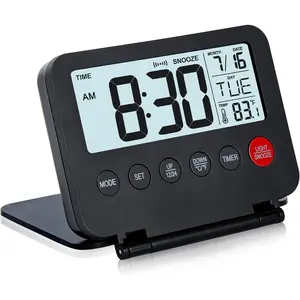 Small Digital Travel  Clock, Large LCD Display Front Button with Date & Temperature, Snooze and 8 Seconds Backlight AAA  Operated Desk Clock for  & Office, Black