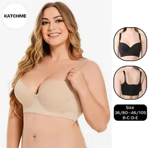KatchMe Women's Basic Solid Adjustable Strap Soft Underwire Push-Up Bra,Deep V Detachable Wide Straps Underwire Bra,Suitable for All Seasons