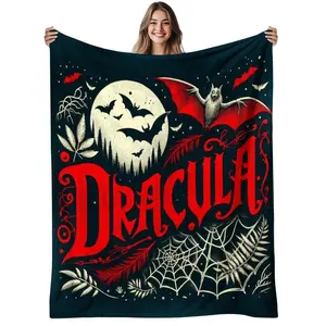 1Pc Gothic Vampire Dracula Bats & Castle Flannel Blanket - Soft 280Gsm Heavyweight All-Season Bedspread For Living Room, Bedroom, Sofa - Dark Red & Black Vampire-Themed Home Decor For Halloween, Christmas, Fall - Machine Washable Cozy Throw With Intricate
