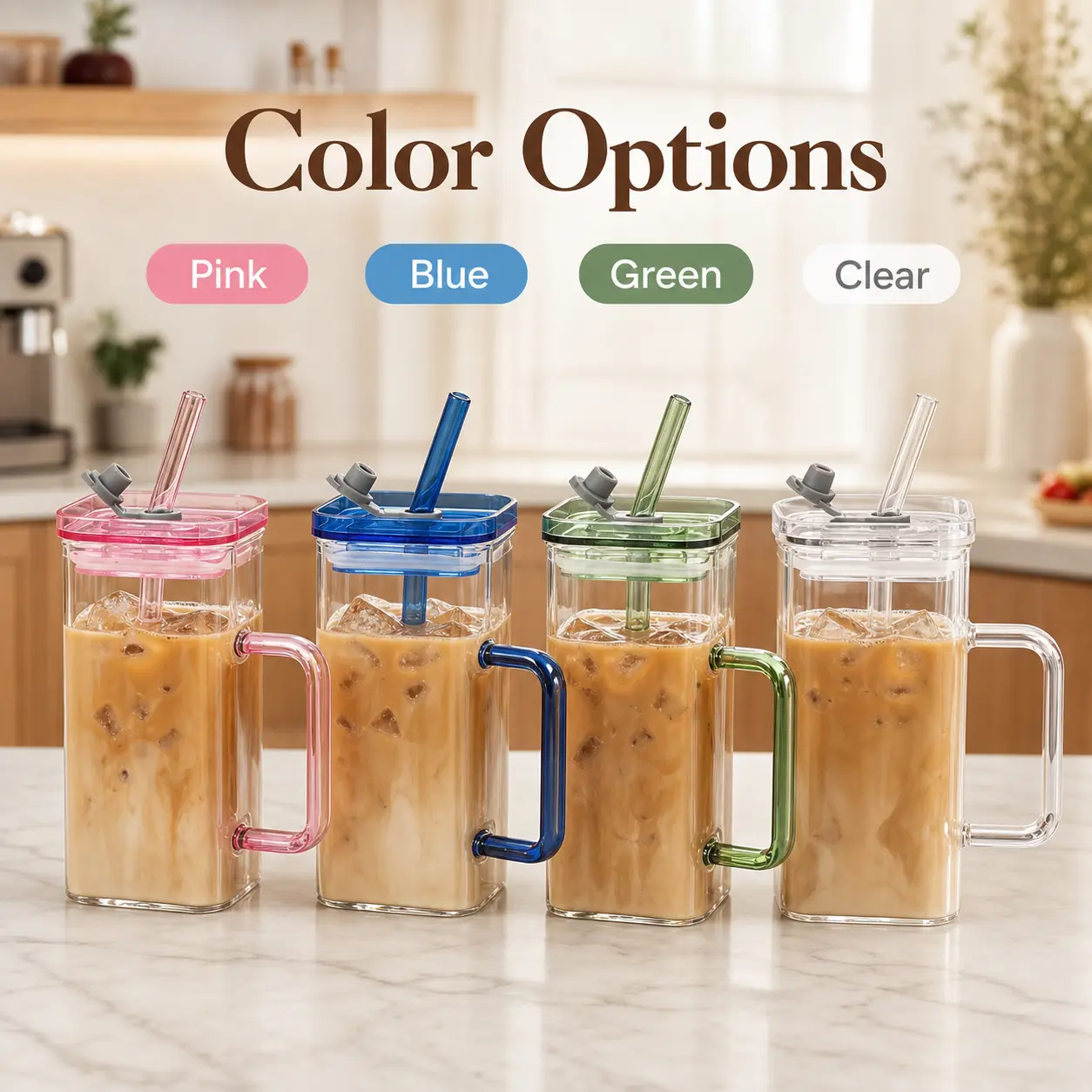 12/24 oz Square Iced Coffee Cup with Lid and Straw, Glass Tumbler with Handle for Tea Juice