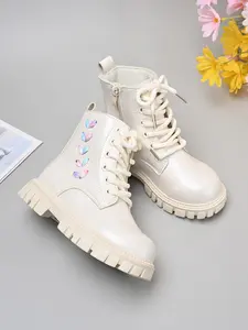 Girls' Glossy Heart Boots, Side Zip Thick Sole Mid-Calf Shoes, Non-Slip Fall Winter Princess Boots, Versatile Fashion for Kids