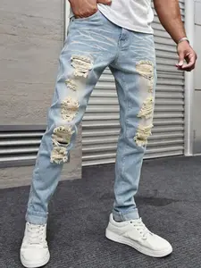 Men's ripped white washed jeans, casual slim fit denim for men